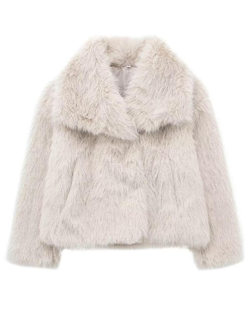 Women's Solid Color Faux Fur Jacket, Casual Long Sleeve Collared Fuzzy Coat for Fall & Winter, Women's Clothing for Daily Wear, Lady Outerwear