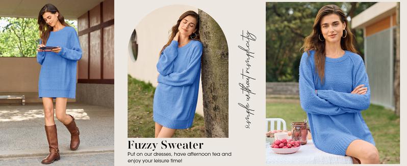 Saodimallsu Womens Oversized Sweater 2025 Fall Trendy Fuzzy Crew Neck Long Sleeve Casual Tunic Sweaters