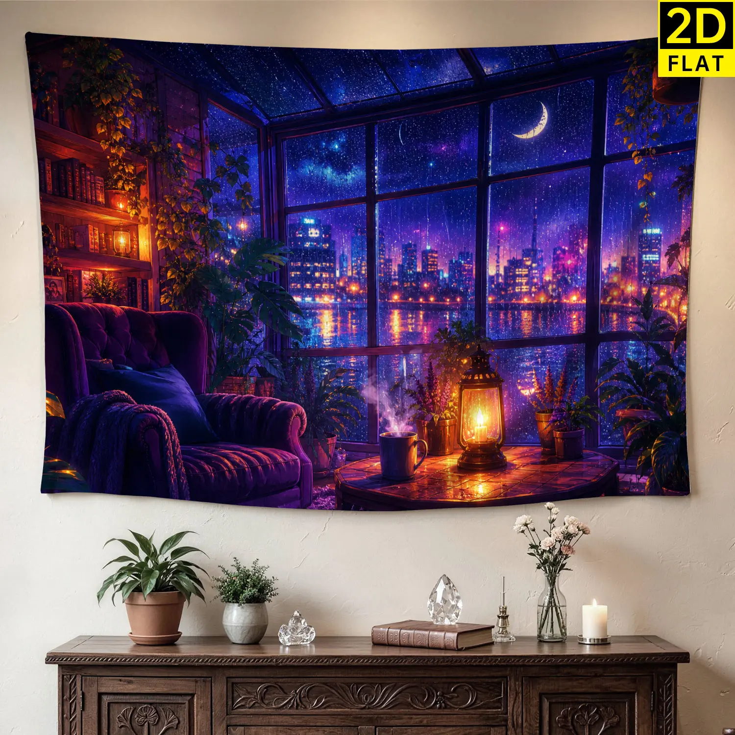 Rainy Night Cityscape Window View Wall Tapestry - Large Horizontal Printed Polyester Wall Decor Artwork, No-Installation Room Decoration, Ideal Gift Idea for Family, Indoor-Outdoor Home Decor Accessory