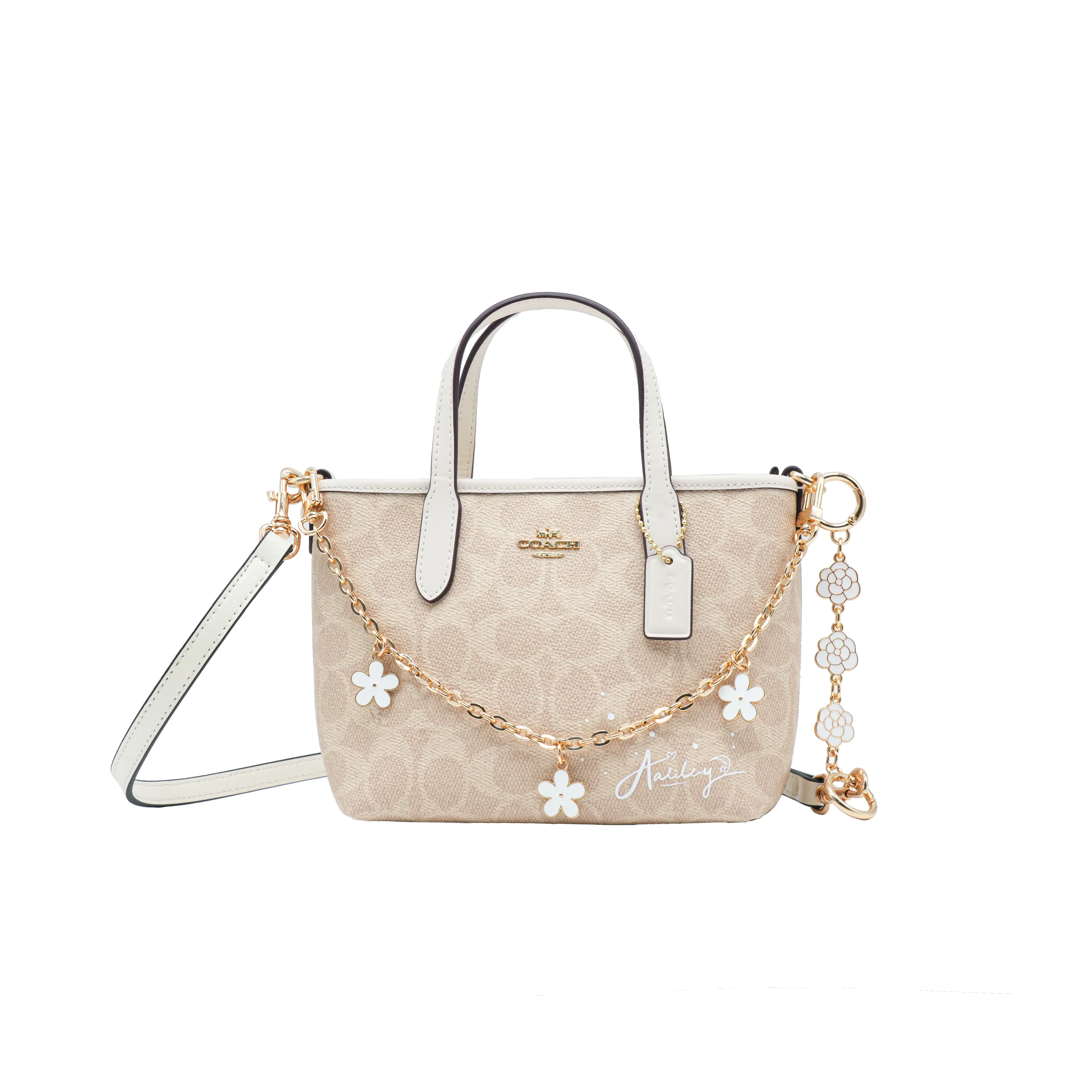 Coach City 15 Mini Tote Handbag for Women – Detachable Strap, Printed Coated Canvas, Chalk White