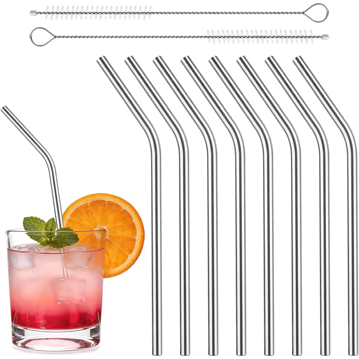 8 Pack 6 Inch Short Stainless Steel Straws, Bent Stainless Steel Short Metal Straws,  Bent Metal Straw with 2 Cleaning Brushes for Coffee Mugs, Tumblers, Small Glasses or Cups