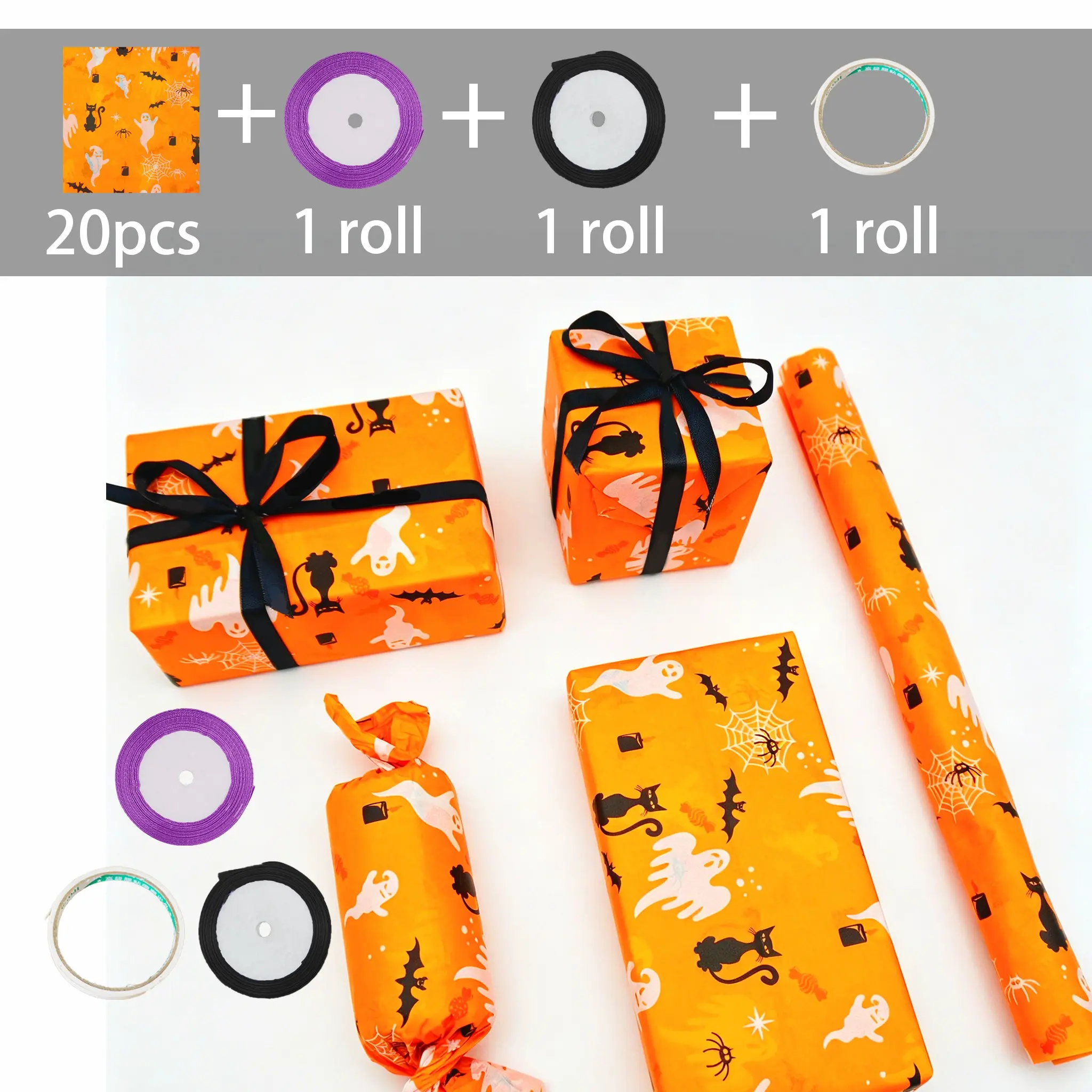 Halloween Ghost Black Cat Gift Packaging Tissue Set, Bouquet Supplies, Gift Packaging Paper, Flower Packaging Paper, Suitable for Decoration in Autumn and Halloween Parties for Any Occasion