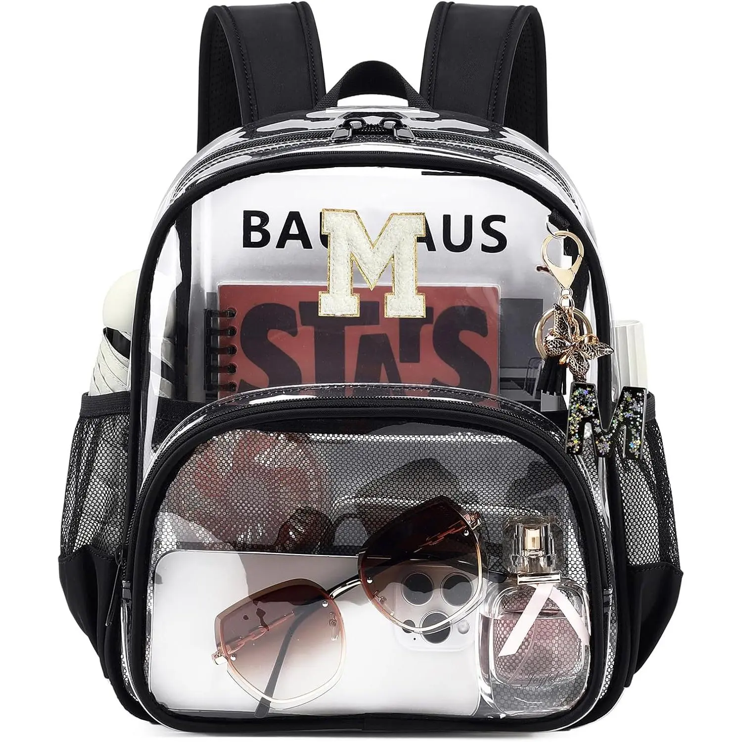Women's Modern PVC Mini Size Zipper Letter Carry Backpack - Stadium-Approved, 12×6×12 in, Black, Letter-A