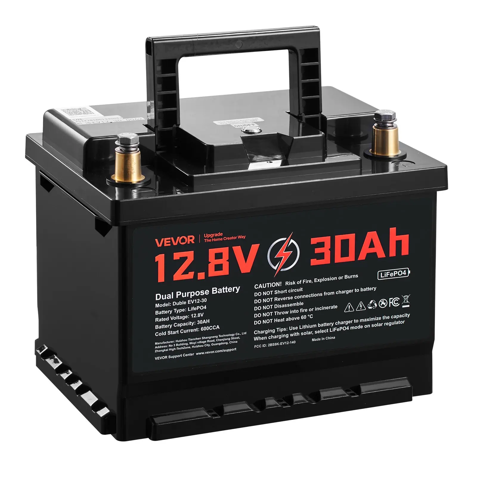 VEVOR 12V Compact 30Ah LiFePO4 Lithium Battery, 600 CCA Group 47, 4000 Cycles, 720A/2S, 15A Fast Charging, M8, Built-in Smart BMS, Car Start-Stop Starter & Deep Cycle, Short Circuit Protected, for Automotive, Trolling Motor (Battery Capacity: 30 Ah), 384