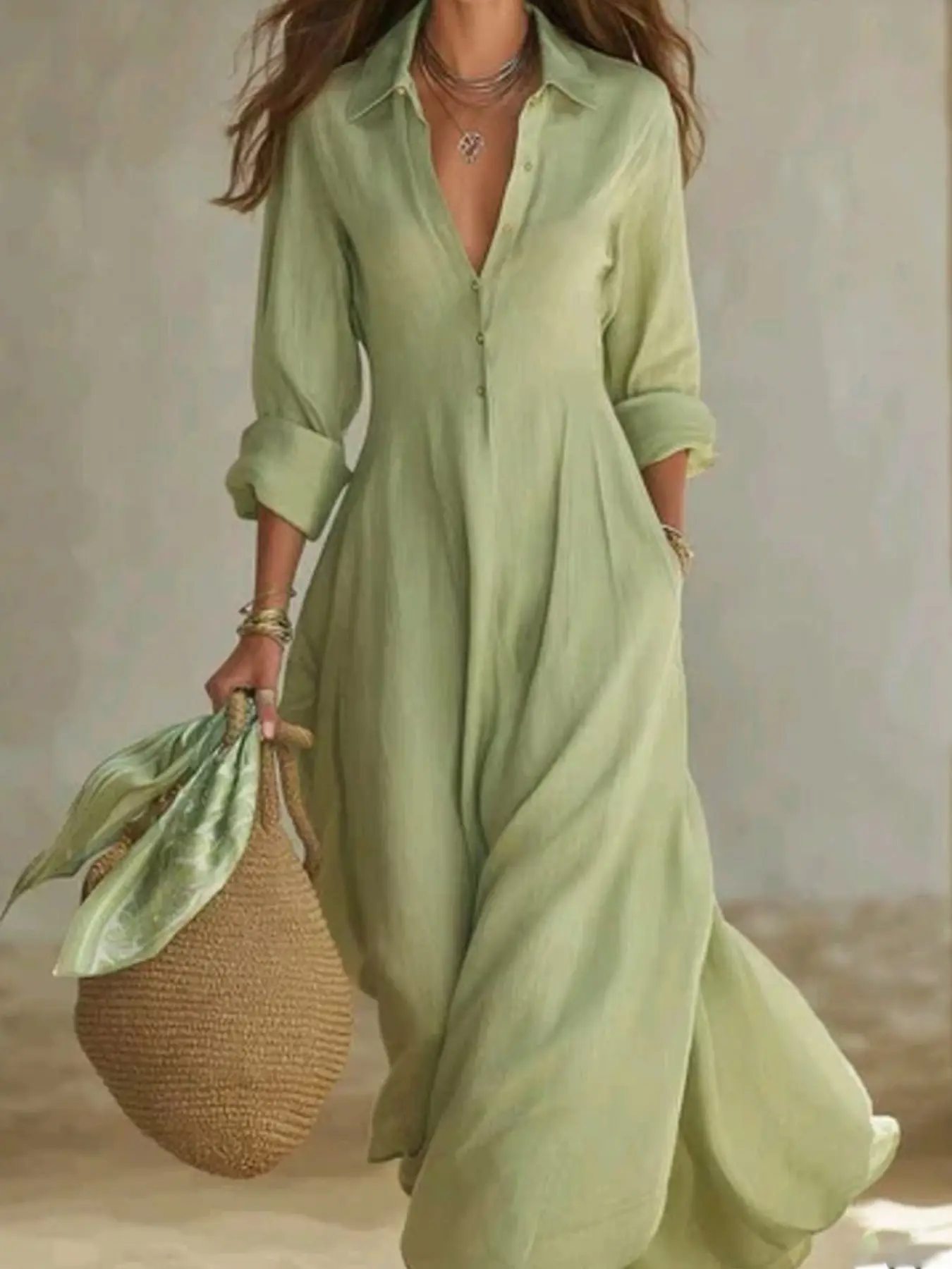 Elegant Plus Size Women's Dress, Long Sleeves Solid Color Button Front Lapel Long Dress, Stylish Boho Casual Wear for Ladies, Comfortable and Chic