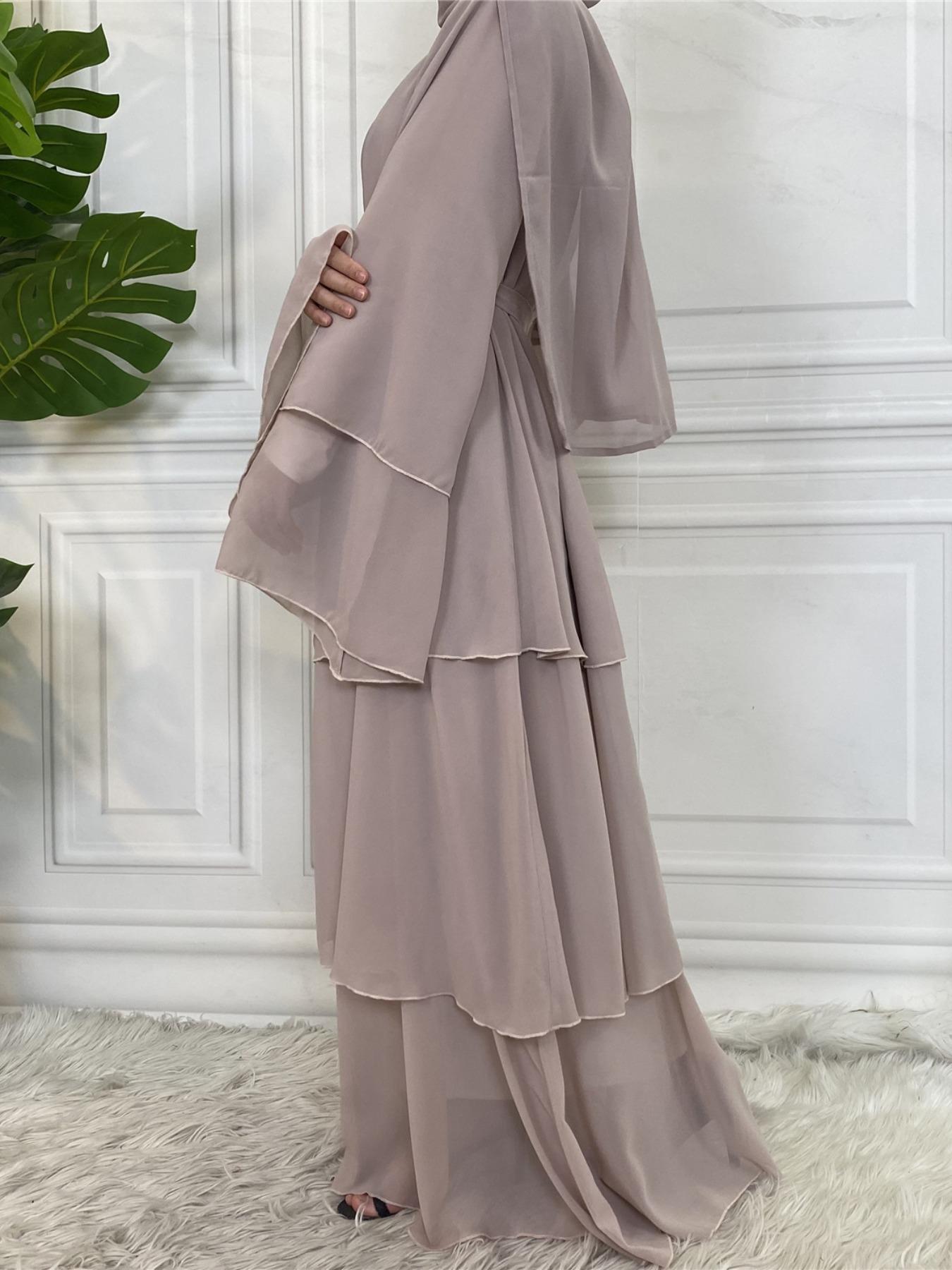 Spring Summer High-Quality Chiffon 3-Layer Eid Abaya with Belt, Casual Party Dress, Comfortable Breathable Fabric, Perfect for Weddings