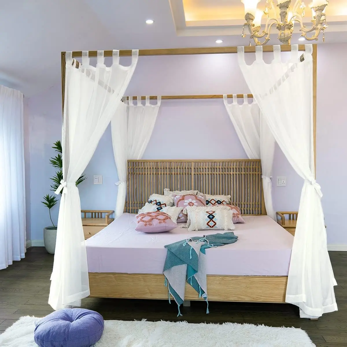 Sheer Canopy Bed Curtains for King, Queen, Full and Twin Bed, 4 Corner Bed Canopies & Drapes, Four Poster Bed Canopy Curtains, Sheer Curtains for Canopy Bed Drapes, Ivory