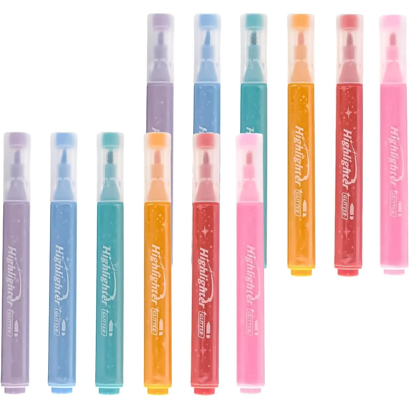 Glitter Highlighters with Sparkle Effect - 6-Color, Chisel Tip, No Bleed, Quick-Dry Highlighting Tools (2 Double Packs)