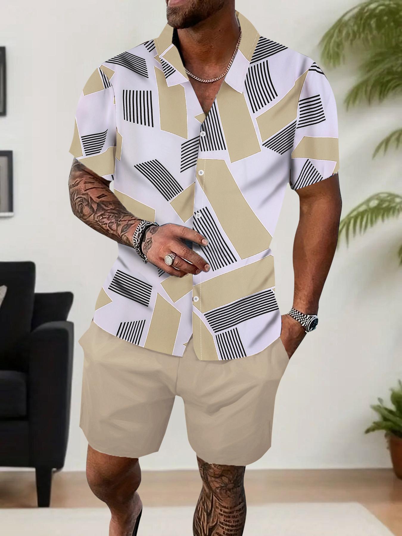 Men's Geometric Print Shirt & Shorts Two-piece Set, Regular Fit Casual Short Sleeve Collared Top & Shorts, Men's Summer Clothes for Beach Vacation
