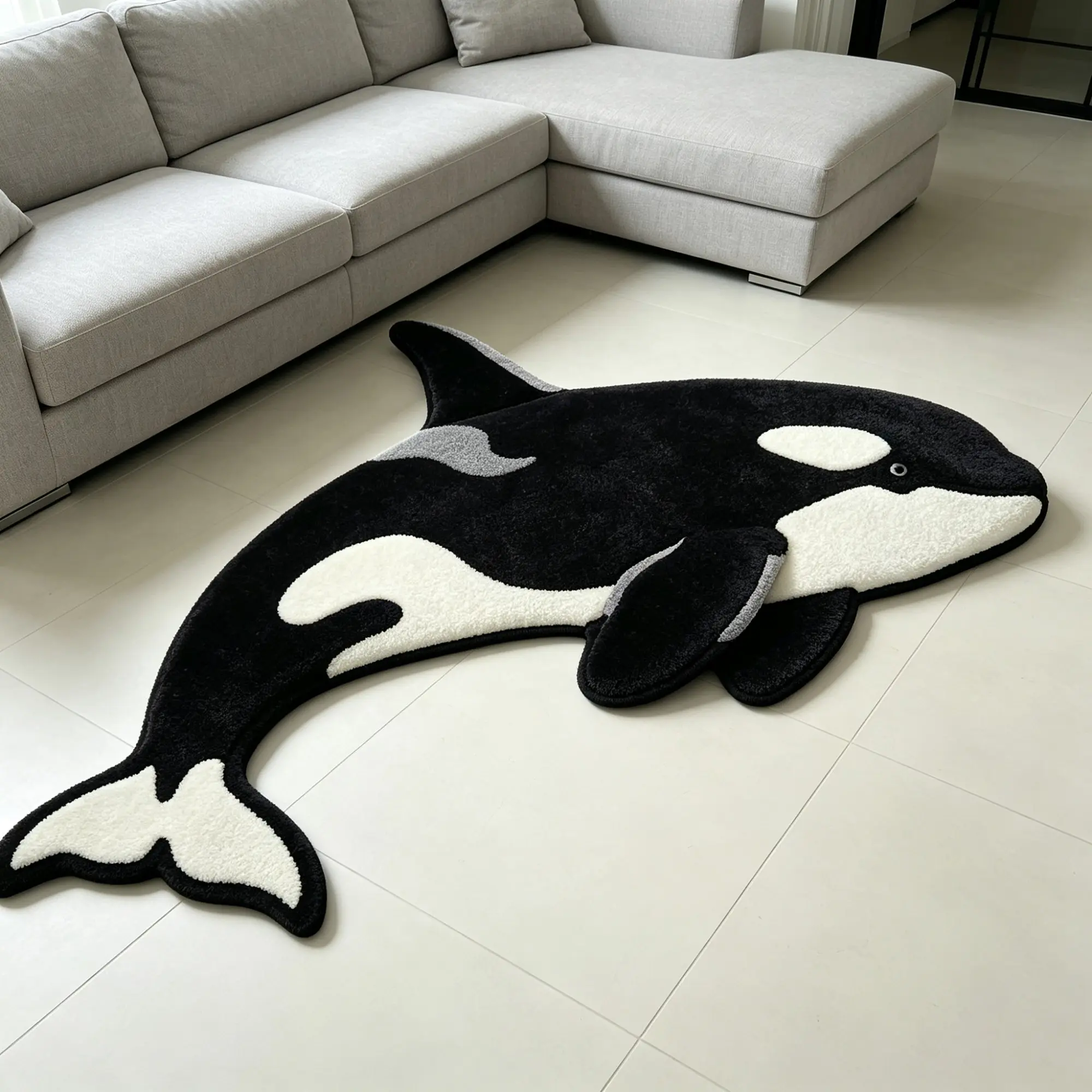 and Realistic Killer Whale Shaped Plush Rug, Oceanic Minimalist Play Area Decor, Washable Reading Corner Carpet