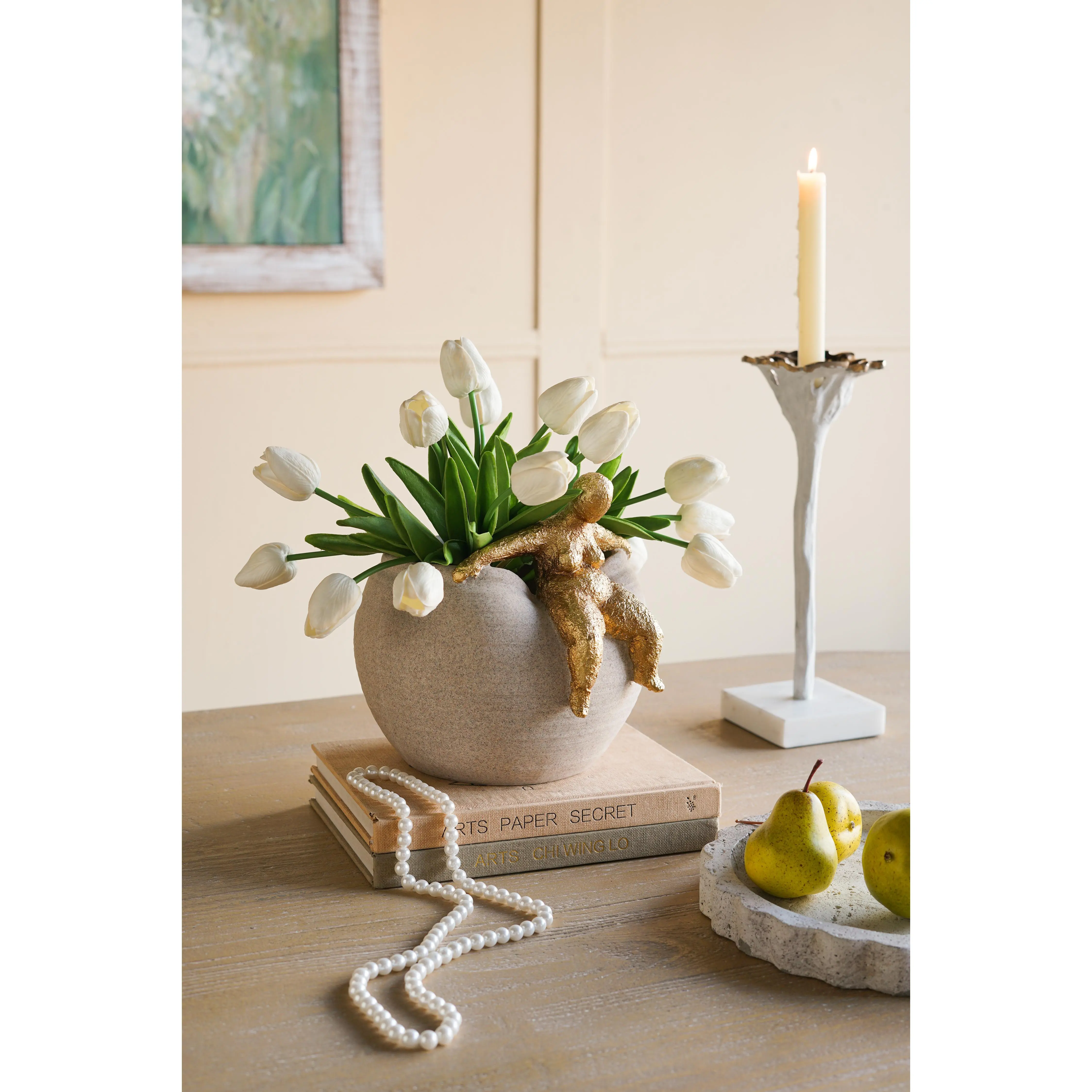 ARCH Round Planter with Abstract Gold Figurine - 9.3x8.8x8.8 Inch Resin Flower Pot, Textured White Finish, Modern Art Deco Decor for Indoor/Outdoor Plants, Mantel Tabletop Shelf Display, Single Box, Multicolor Color Options, Resin Material
