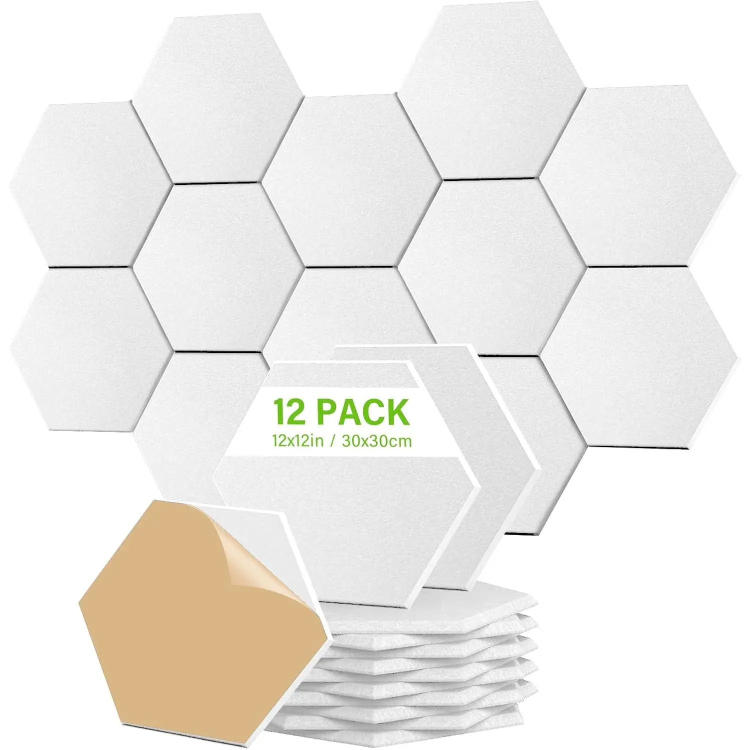 12 Pack Hexagon Sound Absorbing Panels (12"x10"), High-Density Soundproof Wall Tiles, Flame Resistant Acoustic Decor, Self-Adhesive & Rent-Friendly for Studio, Office, Gaming Room (white)