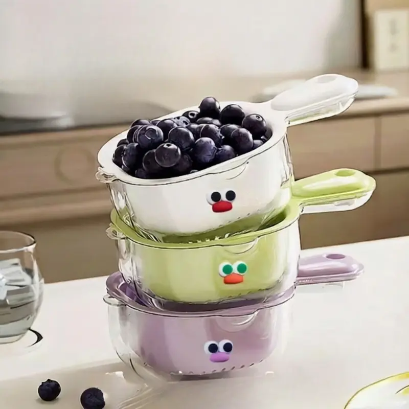 2-Tier Thickened Fruit Vegetable Colander Bowl with Cute Handle, Dopamine Color Double Layer Drain Strainer Basket, Multifunctional Washing Filter Bowl for Kitchen Counter, Outdoor Picnic Salad Small Fruit Serving Tray, Strainers And Colanders
