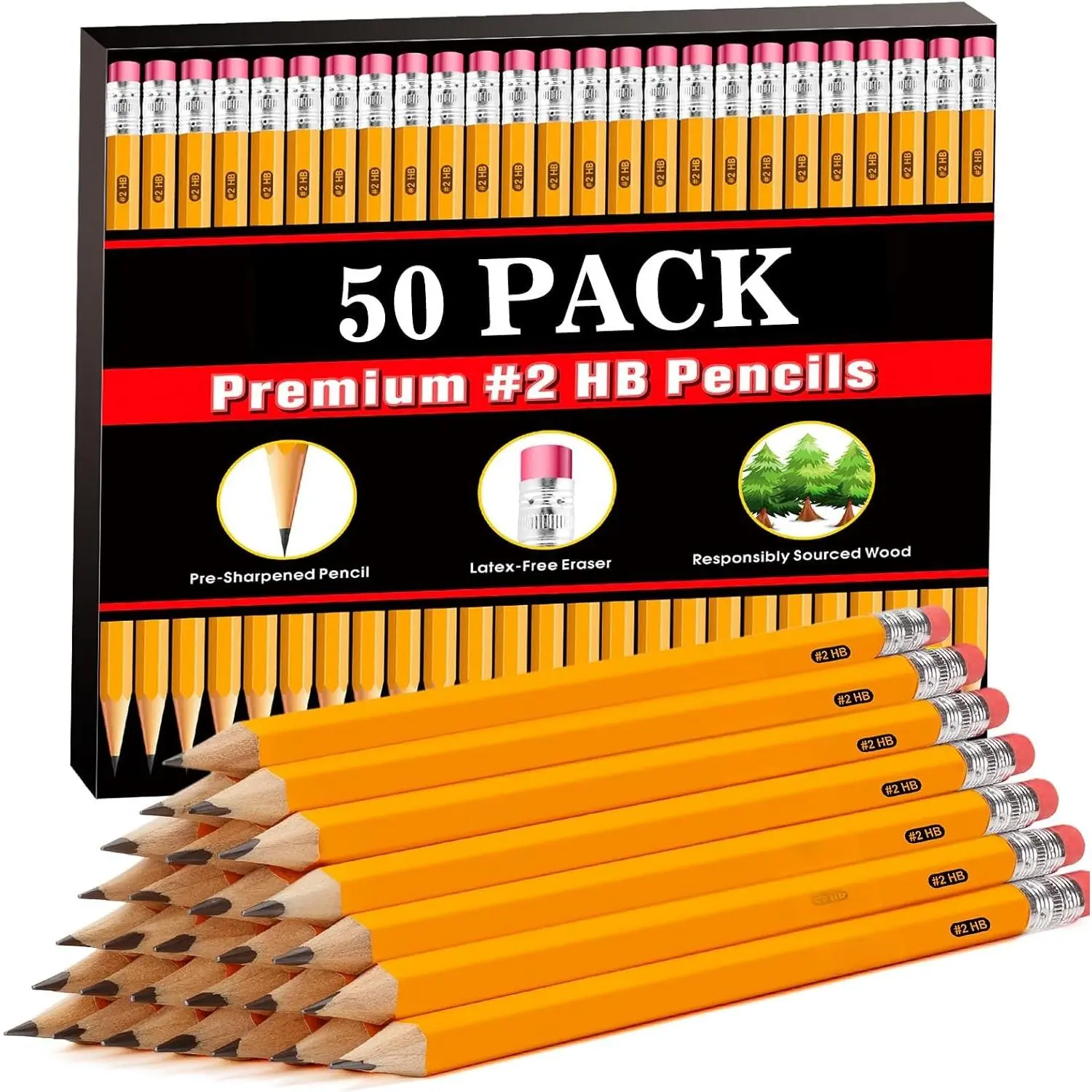 -Cased #2 HB Pencils, 50 Pack Bulk Yellow Pencils with Erasers, Pre-Sharpened, School Classroom Teacher Supplies for Writing, Drawing and Sketching