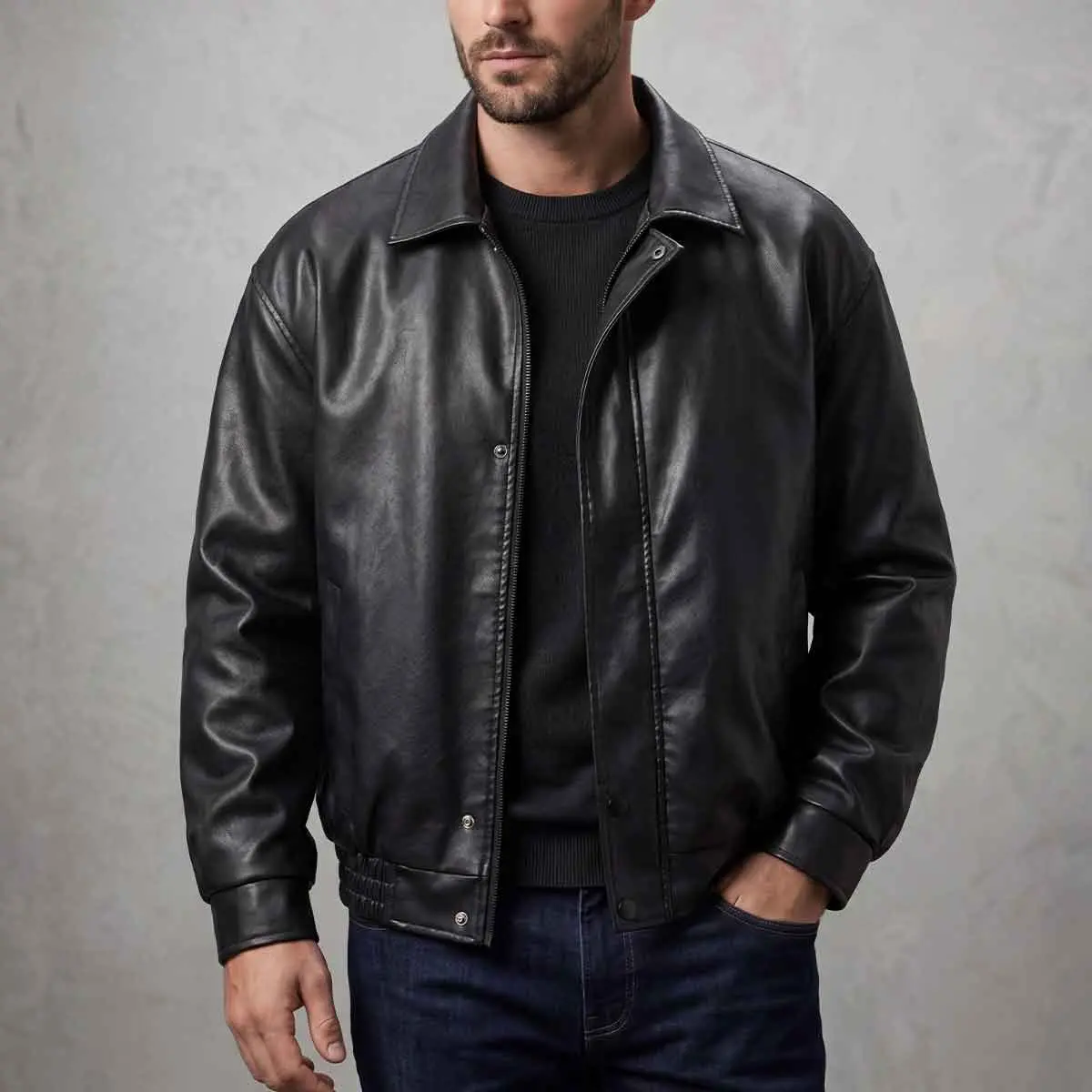 Men's Vintage Faux Leather Bomber Jacket, Plain Fitted Cut Windproof Coat with Longsleeves for Casual Streetwear, Multi-Function