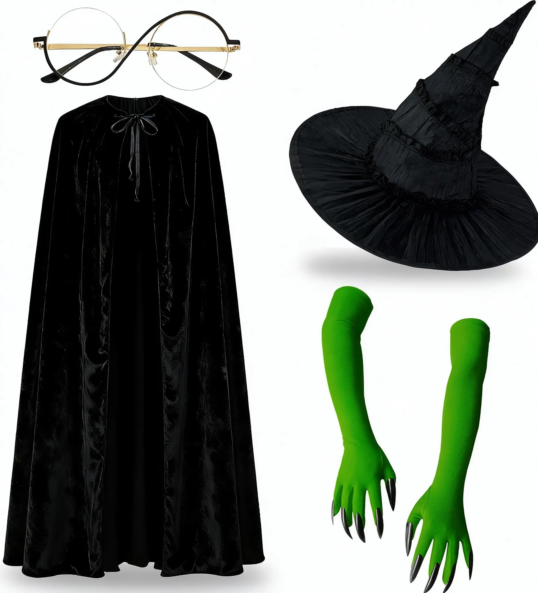 Halloween Costume Set - Black Velvet Cape, Witch Hat, Green Claw Gloves, and Gold Glasses for Adult