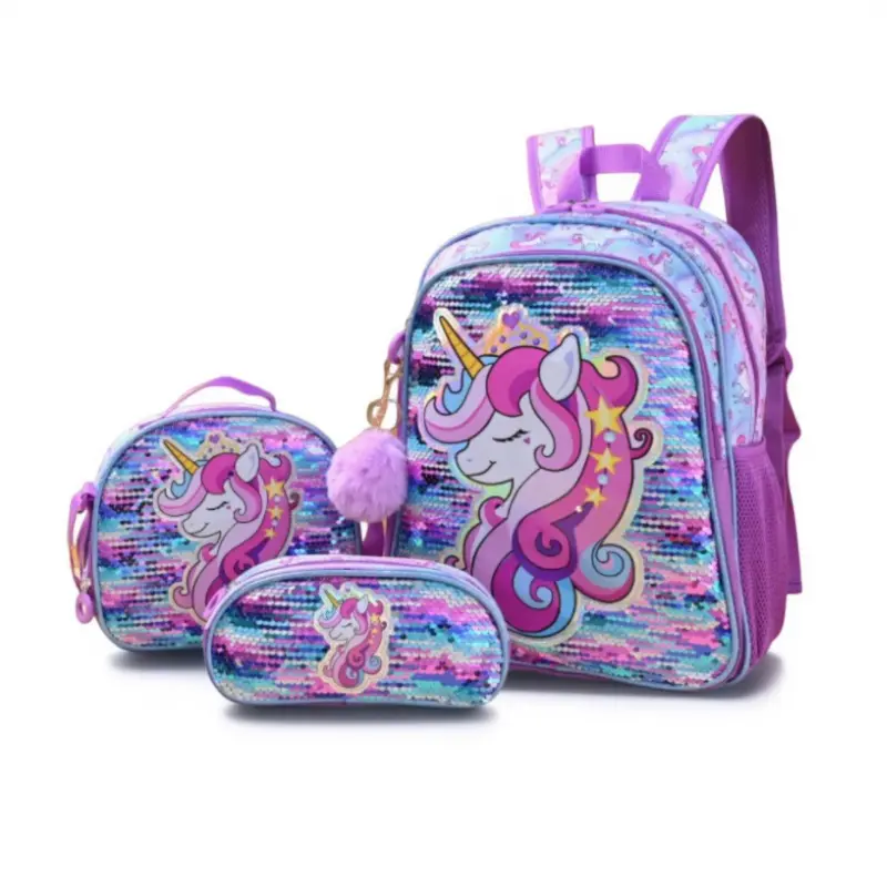 Girls' 3pcs High-Capacity Unicorn & Mermaid Cartoon Printed Stripes School Backpack Set - Lightweight Nylon Blend Bookbag, Roller Bag with Adjustable Strap, Preppy Look for Back to School Easy Carrying