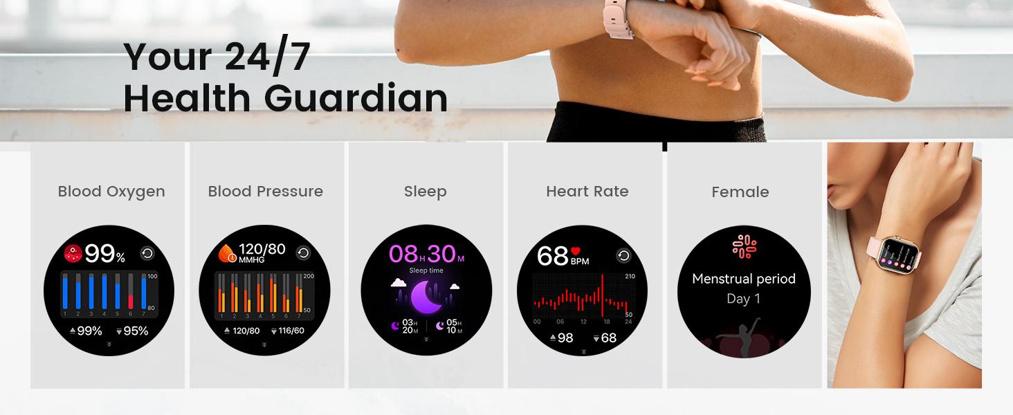 Unisex fitness smartwatch: compatible with iPhone and Android devices, supports Bluetooth calling, features heart rate and blood oxygen monitoring, has an IP68 waterproof rating, offers a battery life of over 30 days, and comes with 2 straps