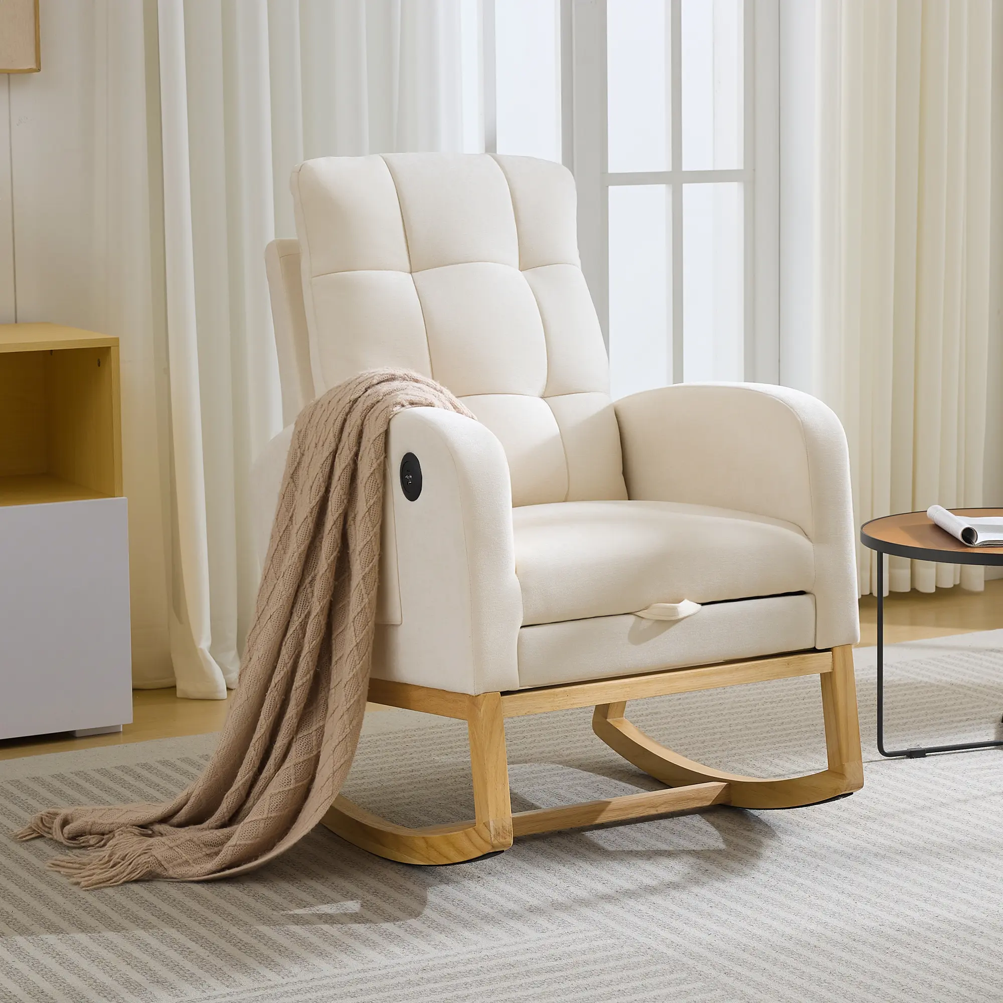 Upholstered Nursery Rocking Chair Glider Rocker Recliner with Footrest, Side Pocket & USB Port and Footrest, High Backrest Rocker Recliner for Nursing Room, Living Room, Bedroom