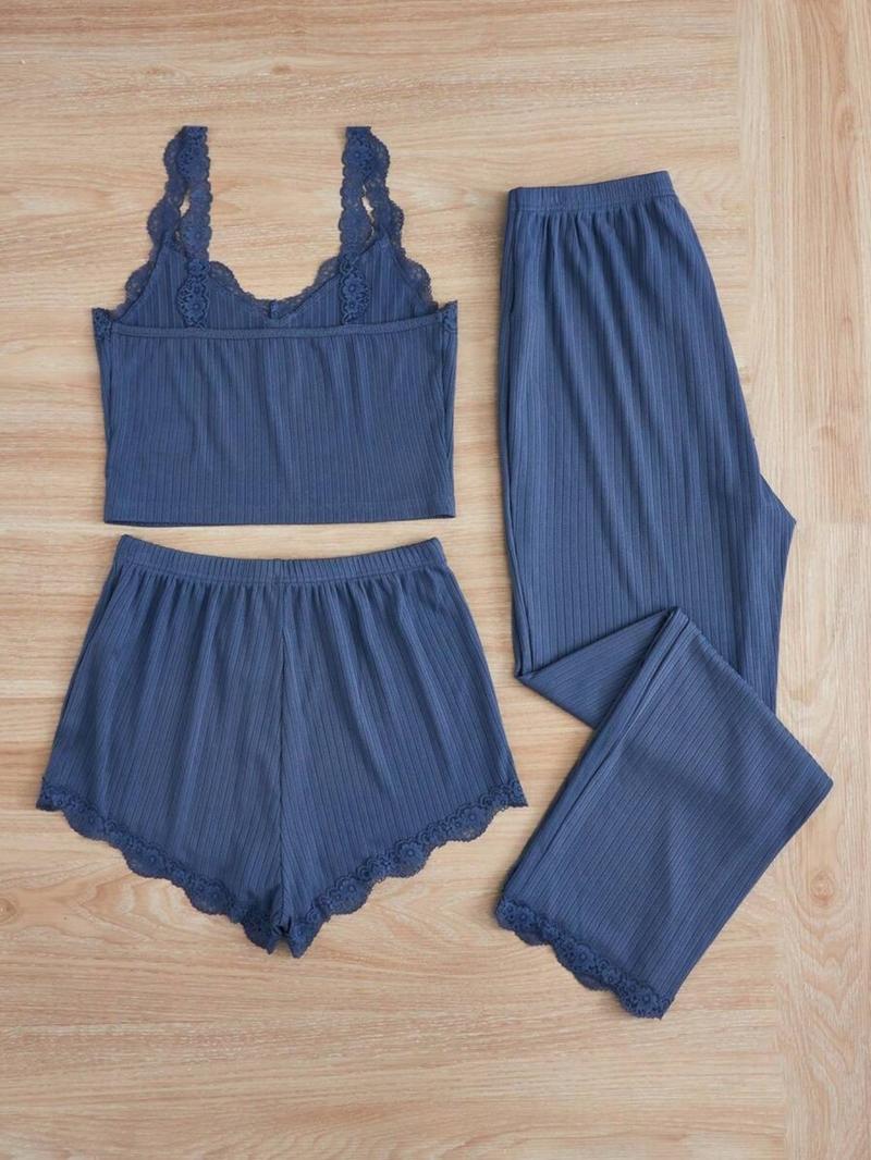 Women's Sleepwear Set, Three-Piece Round Neck Lace Trim Pajamas, Soft Breathable Comfort Casual Home Wear, Tank Top Shorts Long Pants
