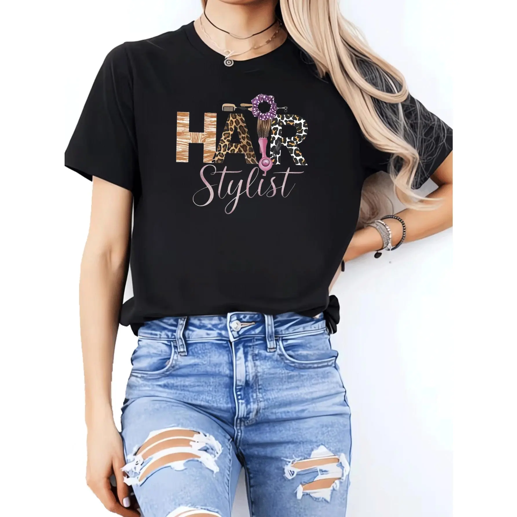 Women's Casual Hair Stylist Graphic T-Shirt, Trendy and Playful Short Sleeve in Soft Cotton for Hairdressers & Beauty Enthusiasts, Sports Clothes