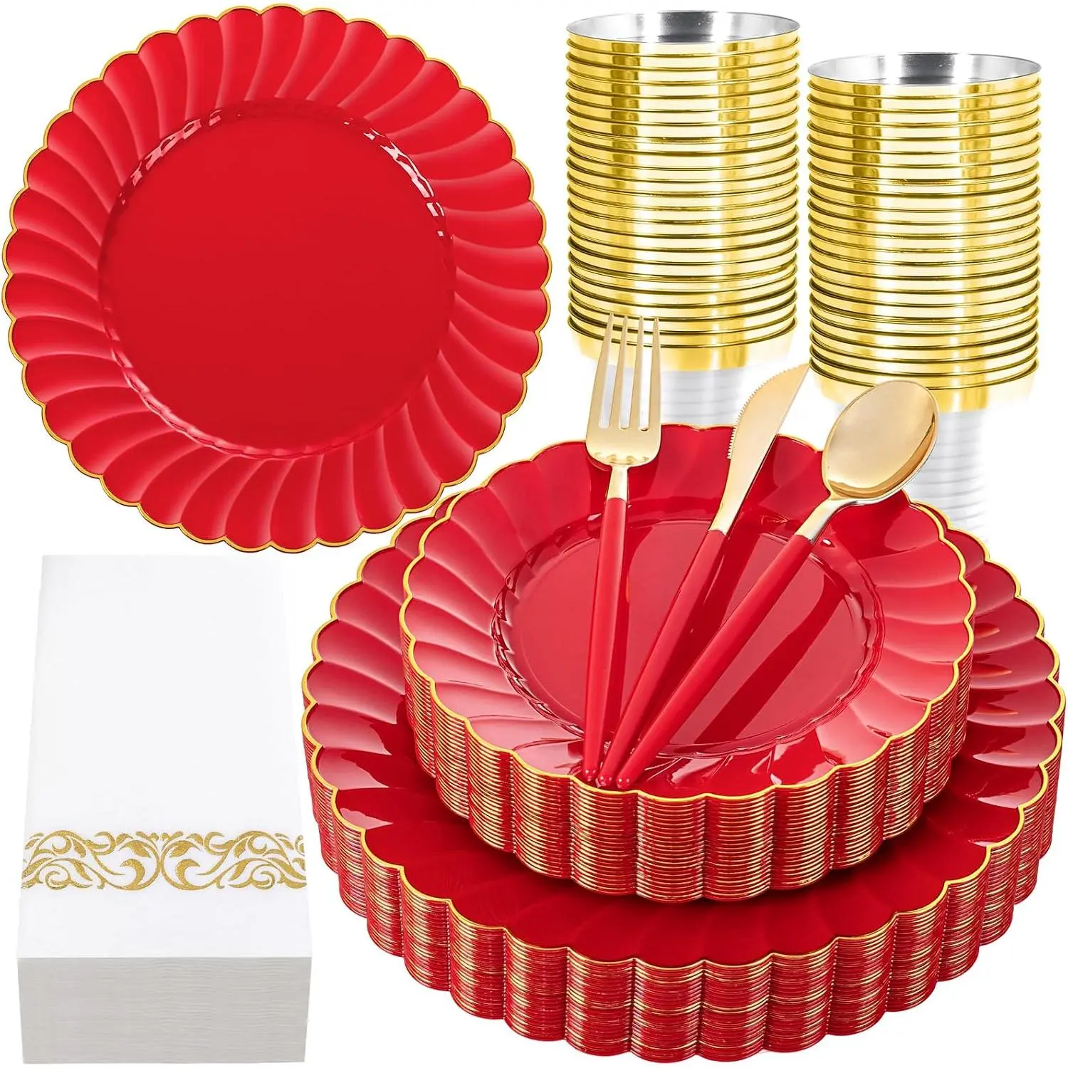 175 count Red and  Plastic Plates for Weddings Parties | Heavy Duty Plastic Dinnerware Set, Plates Cutlery Cups Napkins, Dinners Outdoor Gatherings Birthdays Table Settings