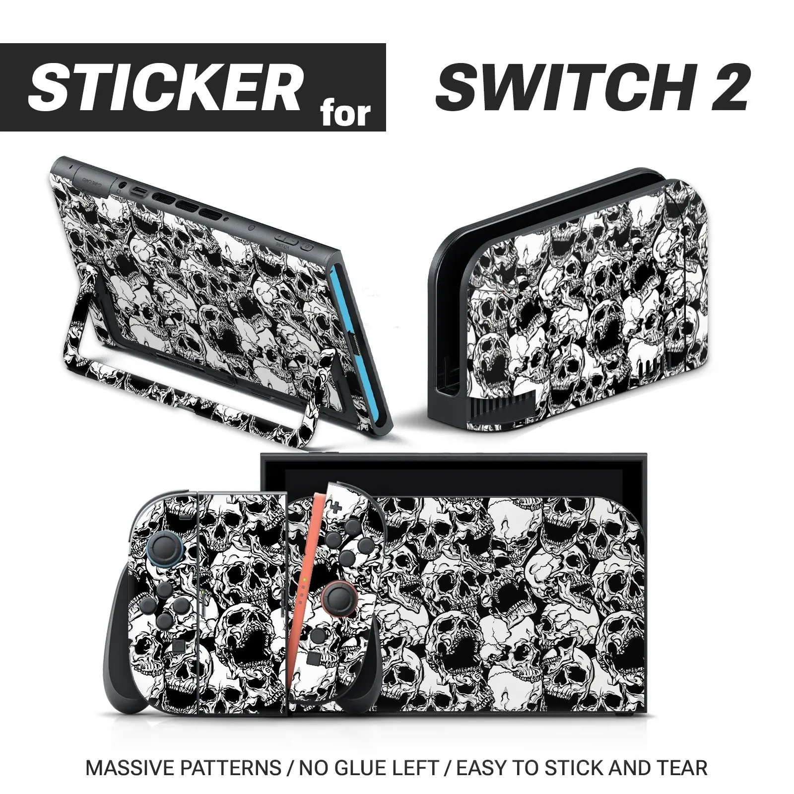 Switch 2 Sticker Set, Gothic Skull Art Vinyl Decals, Waterproof Removable, Includes Console & Controller Stickers, Single Color Design, Gaming Console Accessories