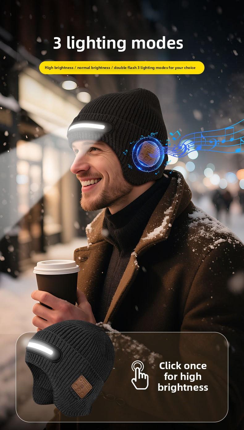 New USB Charging Light-Up Bluetooth Headphone Hat Outdoor Warm Knitted Ear Protection Hat Wireless Music Colorful Light Design Unisex Fashionable Casual Flashlight Hat for Christmas Holidays