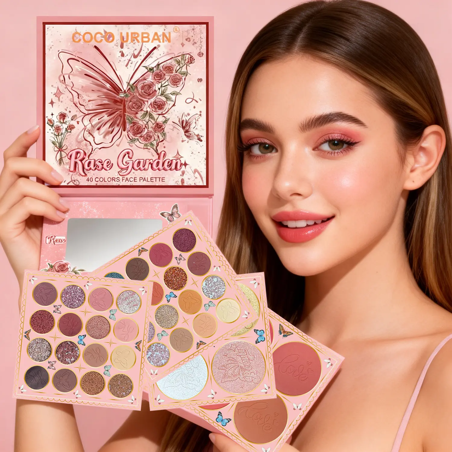 COCO URBAN Rose Garden Butterfly 40 Colors All In One Face Makeup Palette, Matte Glitter Eyeshadow Blush Contour Highlight Palette, Pigmented Blendable Makeup Kit for Daily Holiday Party Cosmetics for Ladies