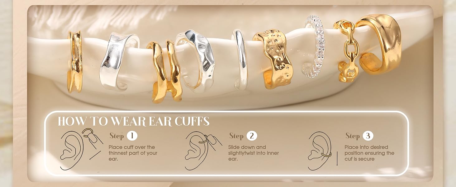 CASSIECA 9Pcs Ear Cuff Non Piercing Earrings for Women Me 14K Gold Plated Ear Cuffs Earring Non Pierced Ears Adjustable Clip On Trendy Fake Cartilage Conch Helix Jewelry with 5A CZ