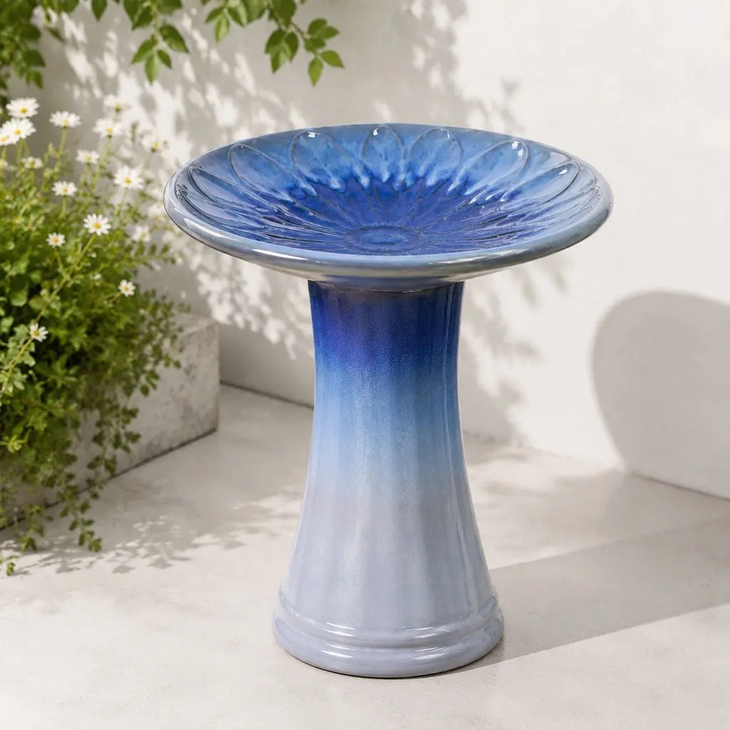 ARCH 17'' Ceramic Bird Bath for Outside, Elegant Tall Pedestal with Blue Ombre Floral Pattern, Gradient Glaze, Lightweight Glazed Birdbath for Garden, Yard, Patio