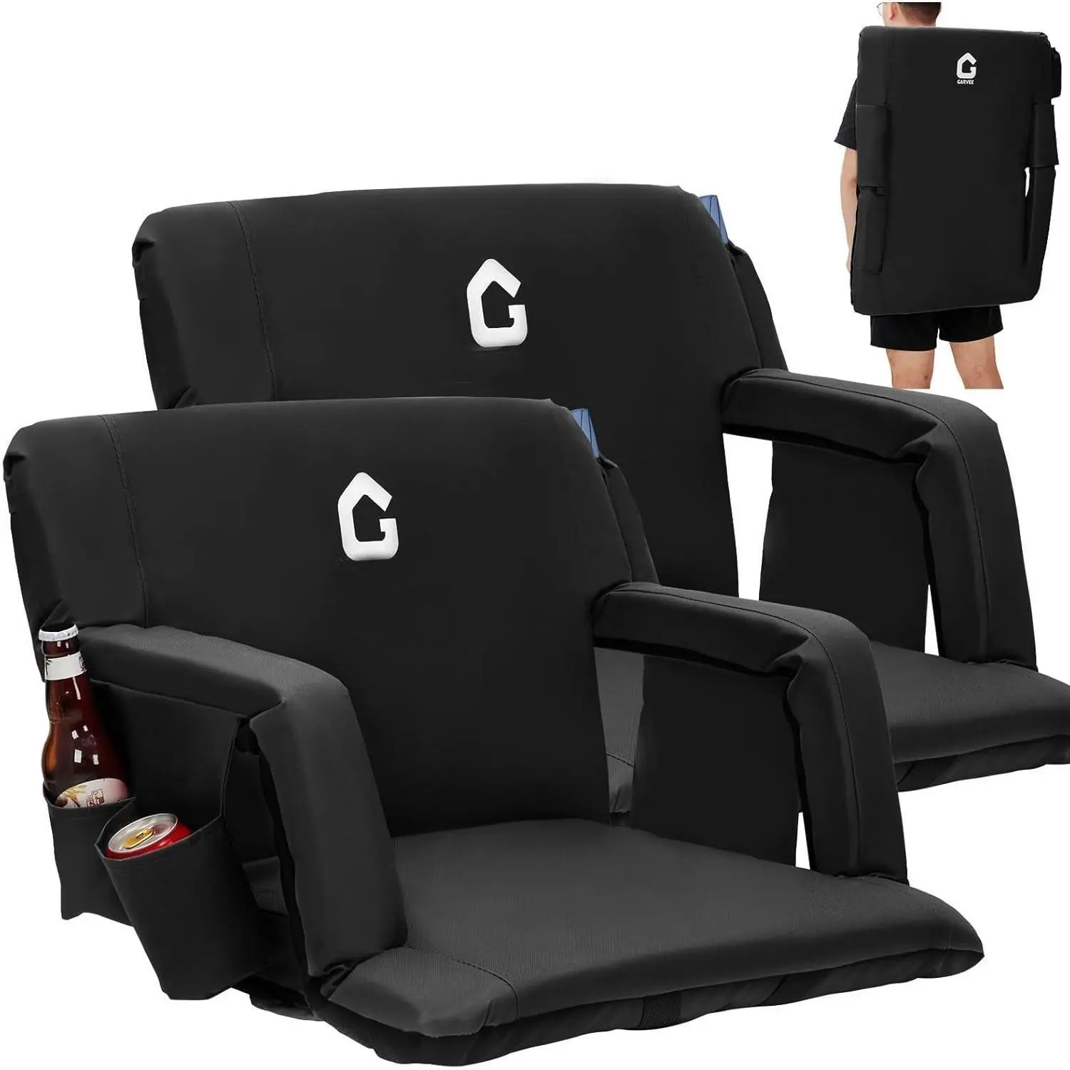 Unisex Sporty 2-Pack Adjustable Ergonomic Reclining Stadium Seats - 20.5" Wide Stable Collapsible Bleacher Chairs, Oxford Fabric, Soft Cushioned Padding, Back Support, Armrests, Cup Holders, Large Storage Pockets, Lightweight Design, for Outdoor Events, R