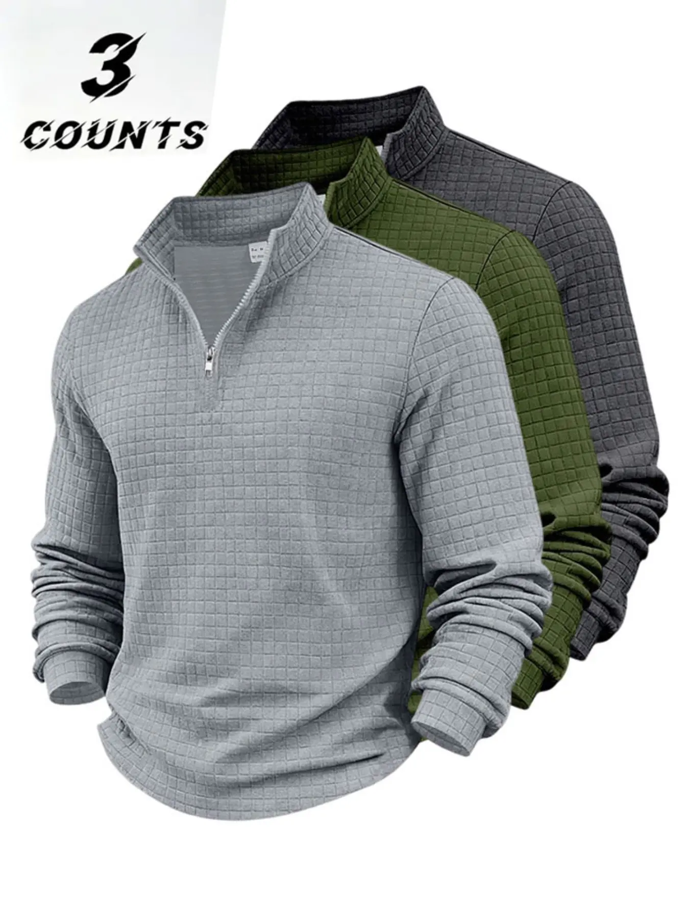 Men's 3-Pack Waffle Texture Half-Zip Sweatshirt, Stand Collar Long Sleeve Casual Top, Fall Winter Basic Knitwear, Multiple Colors Available, Menswear
