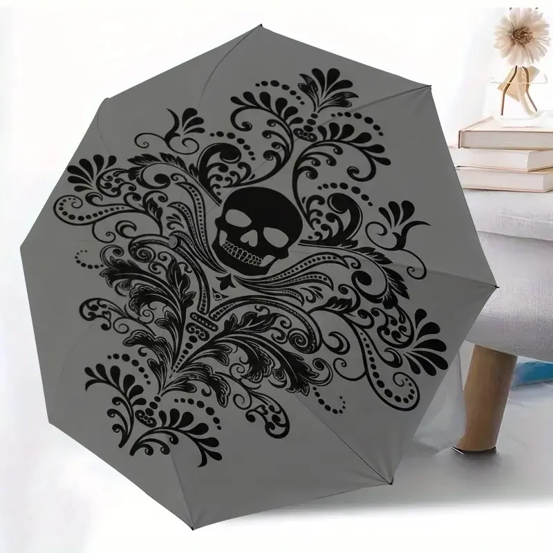 Skull Pattern Automatic Foldable Umbrella, Lightweight Compact Travel Umbrella, 8-Rib Strong Frame, Unisex, Rain and Sun Protection, Portable Outdoor Accessory