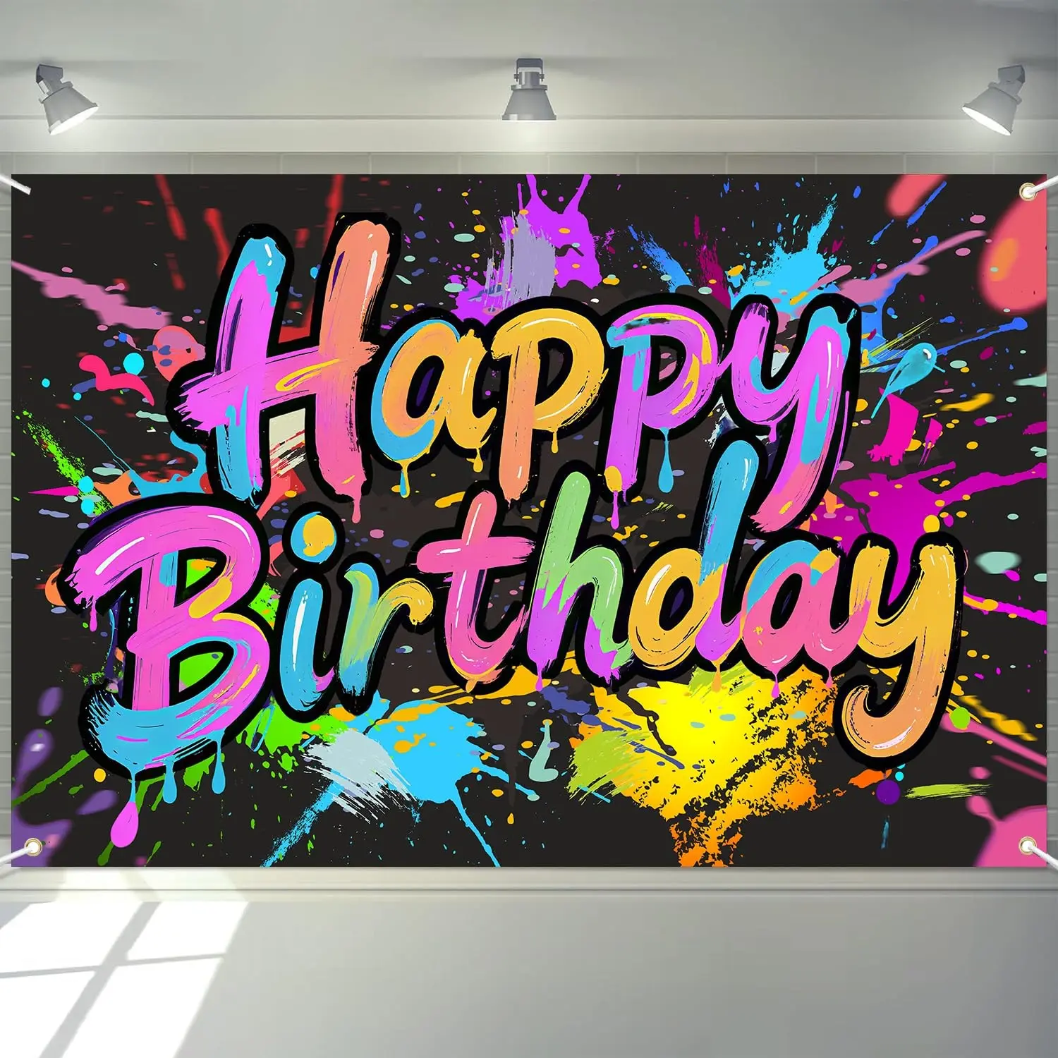 Neon Birthday Party Decorations, Neon Happy Birthday Decorative Banner Background Sign, Glow-In-The-Dark Party Photography Backdrop