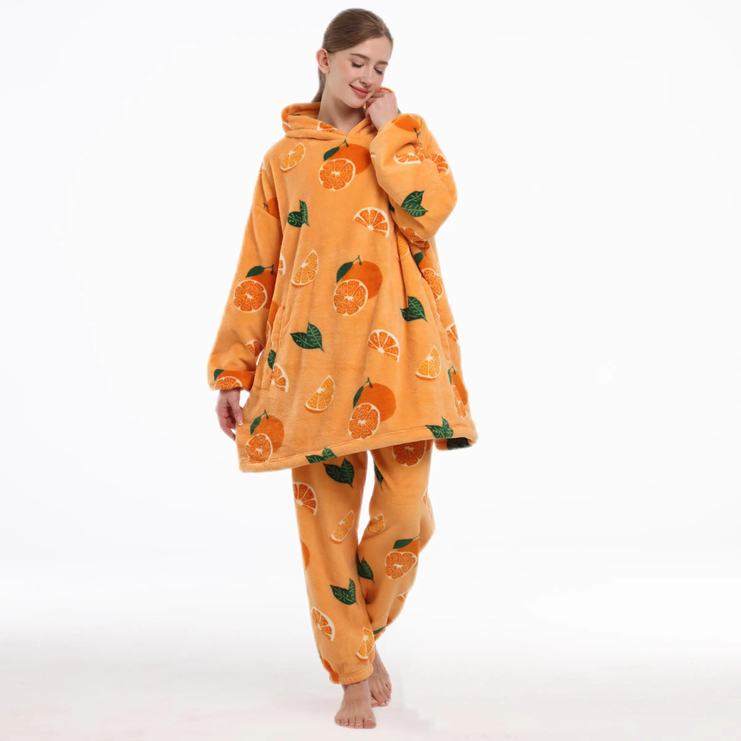 Coral Fleece Print Wearable Blanket Set, Loungewear with Hat and Pants, Unisex, Fall Winter, Warm and Soft