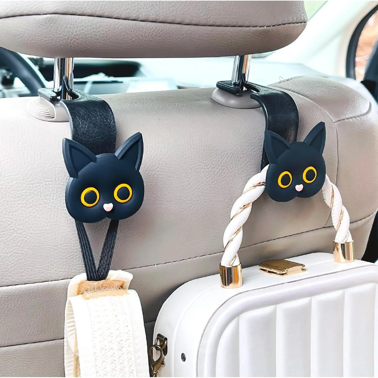 Seat Headrest Hooks,2 Pack Black Cute Cartoon  Hook 360° Rotation Heavy Duty  Purse Hook Hanger for Bags, Coats, Umbrellas, Groceries,   Fit