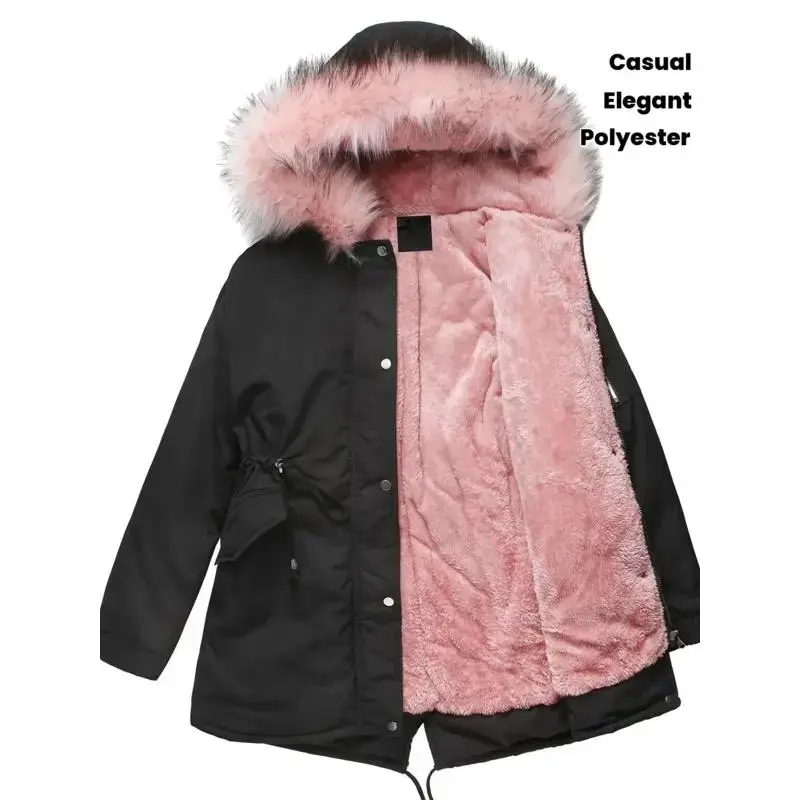 [Plus Size Winter Parka] Plus Size Women's Winter Coat - Long Hooded Parka |       Warm Thickened Windproof Jacket, Elegant Solid Color Polyester Coat with Waist Drawstring, Mid-Length Hooded Outerwear for Autumn and Winter Outdoo