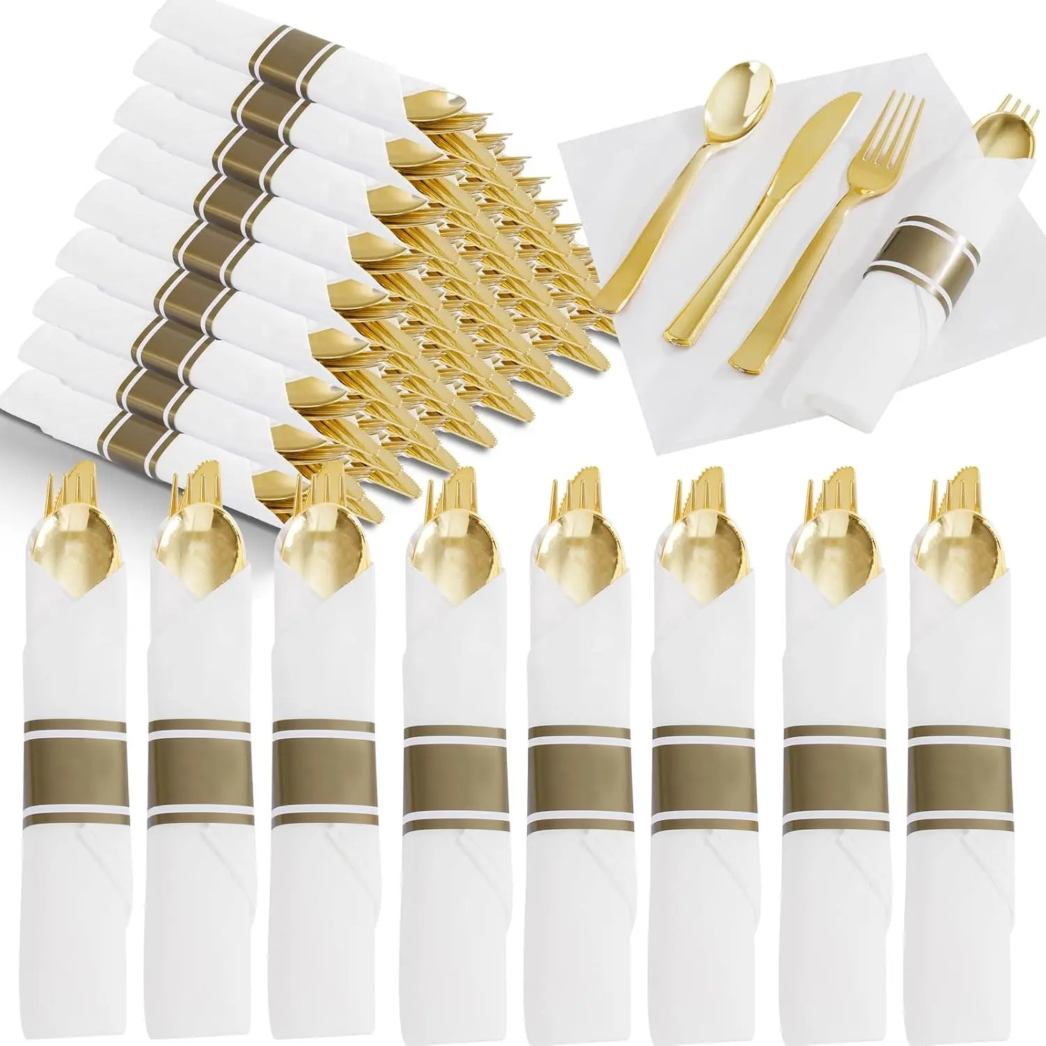 120Pack Pre Rolled Gold Plastic Silverware, Wrapped Plastic Cutlery Set with Napkin, Disposable Gold Wrapped Silverware Perfect for Party Birthday Wedding