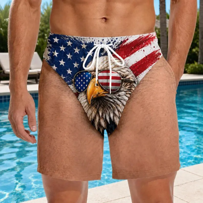 Men's Vintage American Eagle USA Flag Unisex Swim Trunks - Relaxed Fit, Breathable, Quick Dry, Custom Patriotic Graphic, Multi-Size, Surfing & Beach Trip Outfit, Patriotic Gift For Him