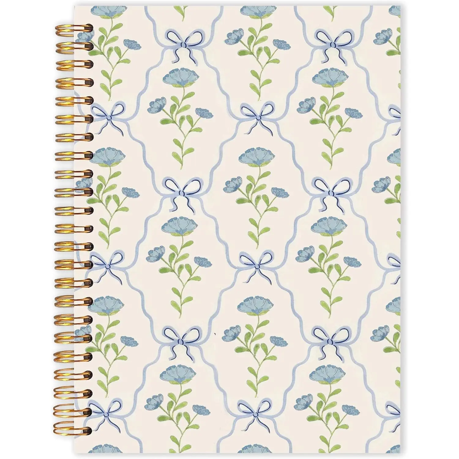 Women's Hardcover Bow Blue Floral Spiral Notebook with Flexible Bindings, 5.5x8.3 in, Grandmillennial Cottagecore Blue-Green Botanical Aesthetic Journal, Office Stationery Gift for Women