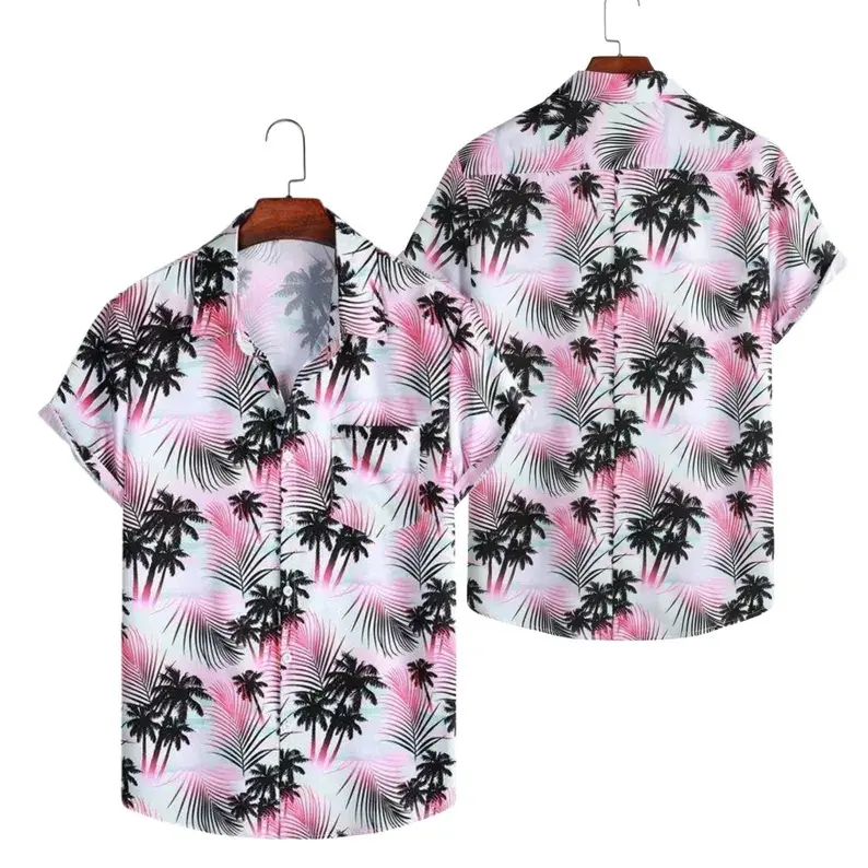 Gradient Pink Coconut Palm Tropical Hawaiian Shirt, Light Base Short Sleeve Button Down Aloha Top, Unisex Summer Cruise Resort Beach Vacation Casual Shirt For Men Women#TikTokMadeMeBuyIt#PalmTreeHawaiianShirt#ResortAlohaTop#CruiseVacationShirt