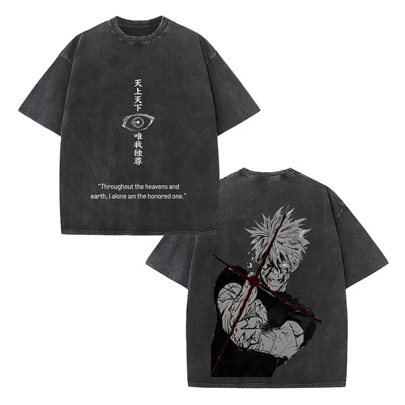 Men's Short-Sleeve Aesthetic Relaxed-Fit Jujutsu Kaisen T-Shirt, Dark Gray, Front-Back Prints of Satoru Gojo’s Dynamic Pose with Red Seal, Eye Symbol & Quote, Japanese Manga-Inspired, Perfect for Supernatural Series Fans for Daily Wear