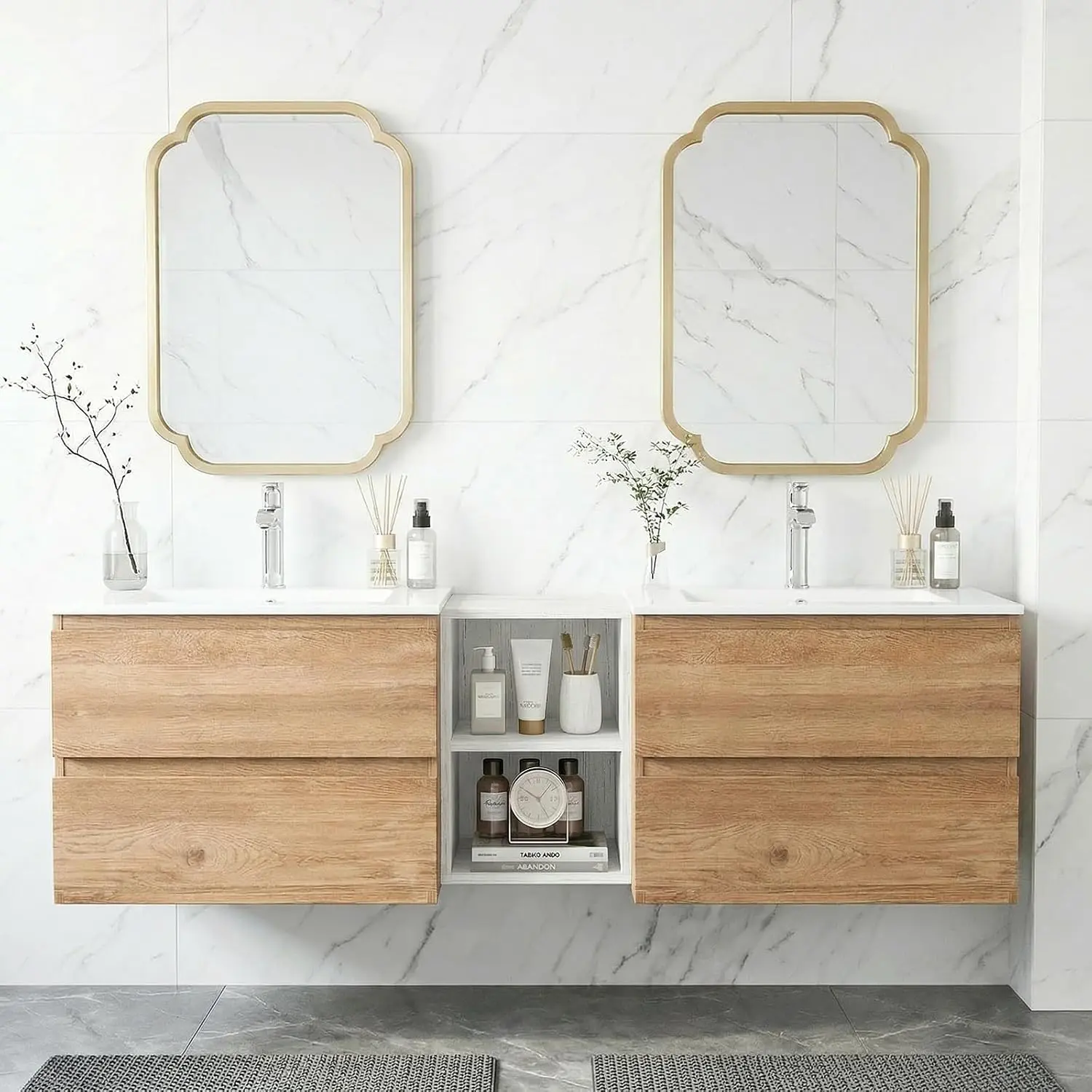 60" Modern Floating Double Sink Bathroom Vanity, Wall Mounted Bathroom Cabinet with U-Shaped Drawers, Beveled Invisible Handles Open Side Shelf, FSC Certified Wood Veneer (White, 60 lnch)