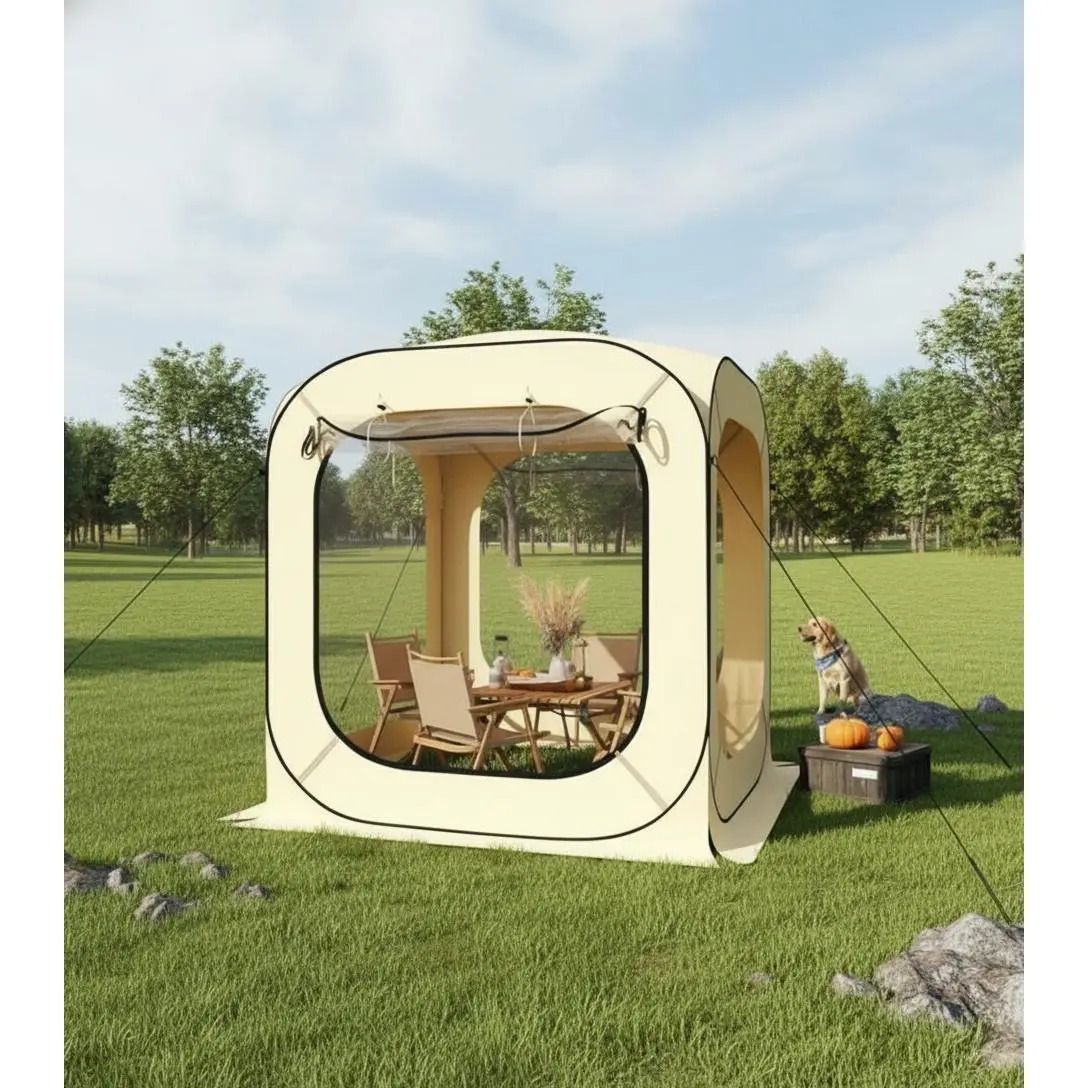 6x6FT Pop-Up Screen Tent for 2-4 People – All-Weather Camping Shelter with Mosquito Netting, Rainproof Windproof UV-Resistant Canopy, Portable Outdoor Screen House for Patio, Backyard, Picnic, Beach & Sporting Events, Carry Bag Included, Beige