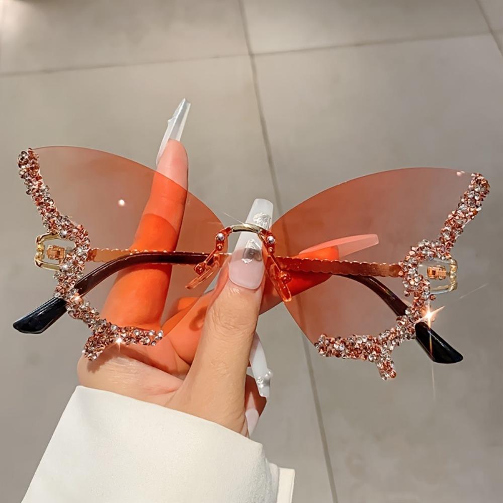 1 Count Rhinestone Decorated Butterfly Design Sunglasses, Durable Material Fashionable Rimless Sunglasses for Women, Elegant All-match Fashion Accessories for Daily Wear, Stylish Glasses, Trendy Styling Sunglasses