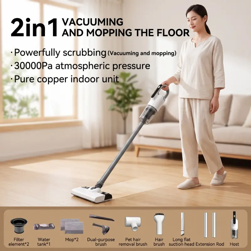 2-in-1 Vacuum & Mop All-in-one Stick Cleaner 30000Pa High Suction Pure Copper Motor Floor Cleaning Machine Front Suction Rear Mopping Dual-function Household Vacuum Cleaner 360° Rotatable Floor Head Multi-scene Home Cleaning Tool