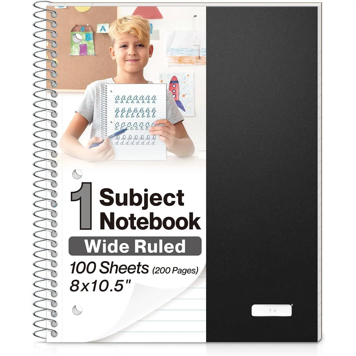 1-Subject Notebook 8x10.5, Wide Ruled, 200 Pages, Black | 100 Sheets (200 Pages), Wide Ruled Paper, Divider with Pockets, 3-Hole Punched & Perforated Pages