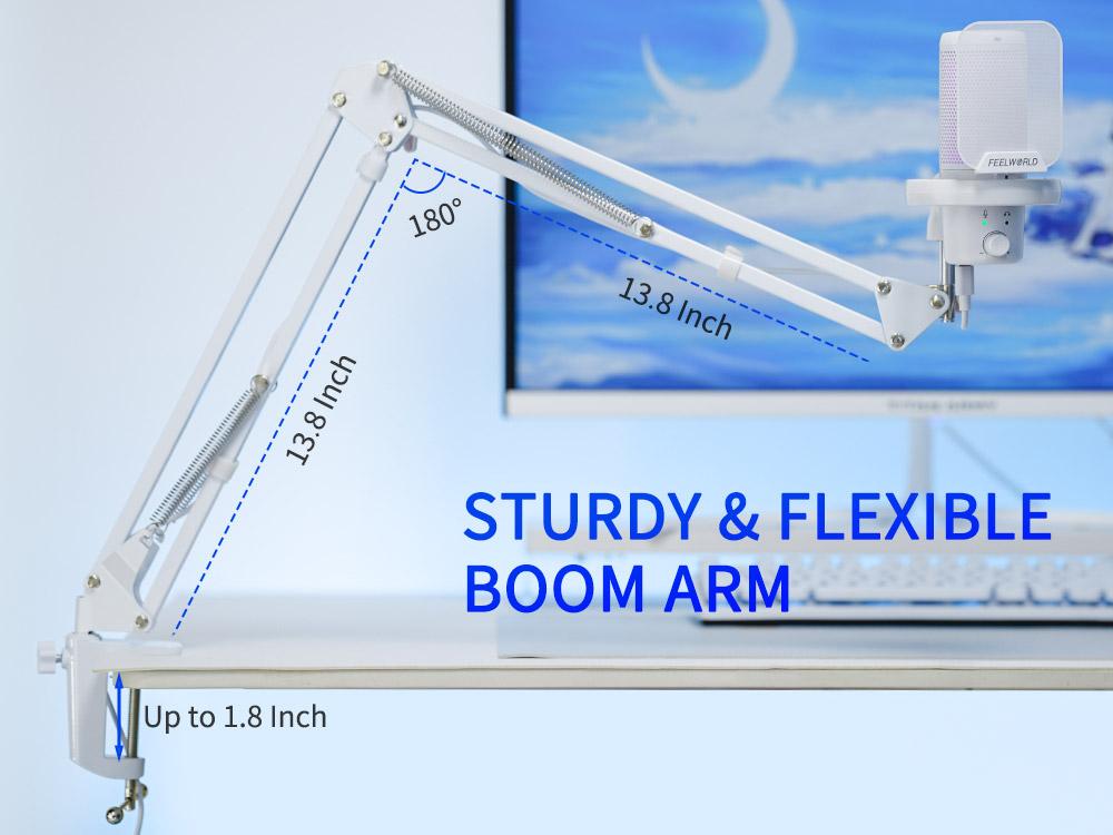 FEELWORLD VM1 White Gaming PC USB Microphone with Boom Arm Stand Noise Cancellation RGB Light Mute for Gamer YouTube Twitch Podcast Streaming Recording Chat PS4 PS5