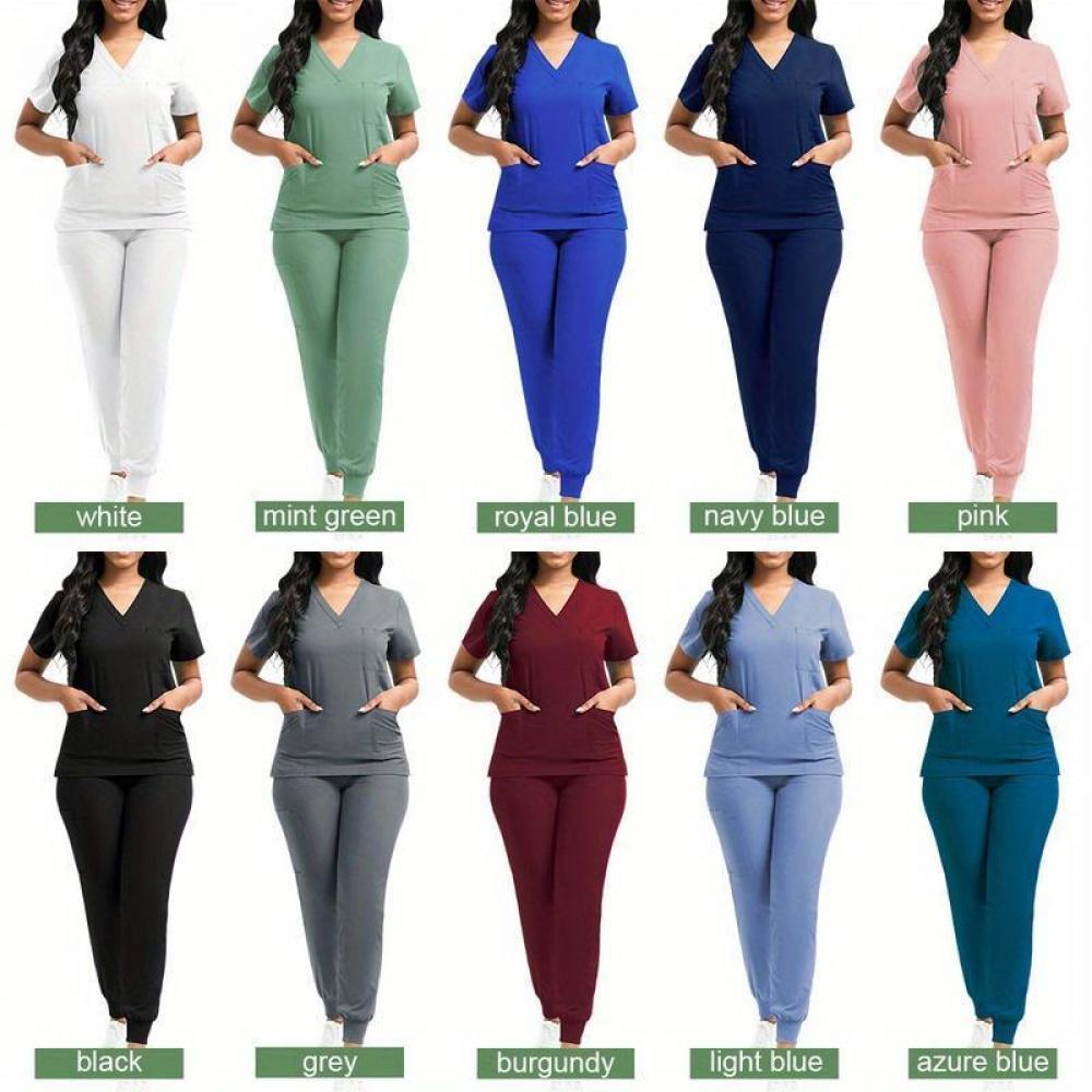 Set Women'S Polyester Scrubs, Fitted Nurse Uniform With Patch Pocket, Woven Work Clothes For Beauty SPA, Veterinary Dentistry - High-Quality Professional Apparel, Nurse Accessories For Work(Gift)